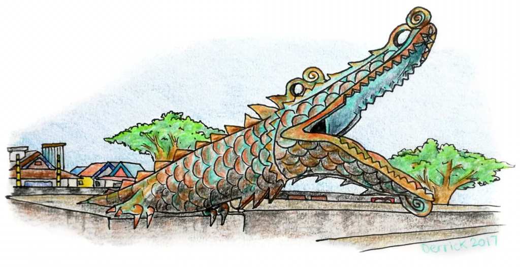 Drawing of a crocodile shaped sculpture in Borneo malaysia