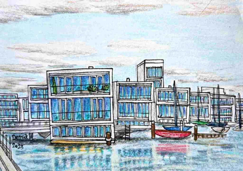 Sketch of modern floating dutch houses in amsterdam waterbuurt