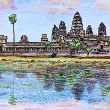 Illustration of Cambodian wonder Angkor Wat redirecting in water