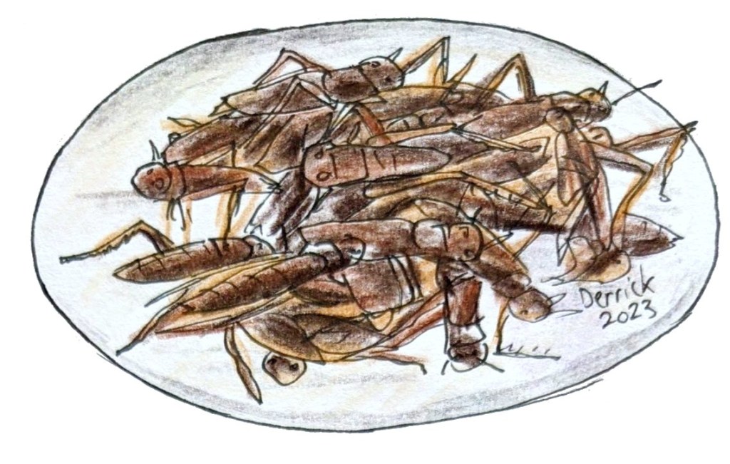 Plate of crunchy locusts inago no tsukudani